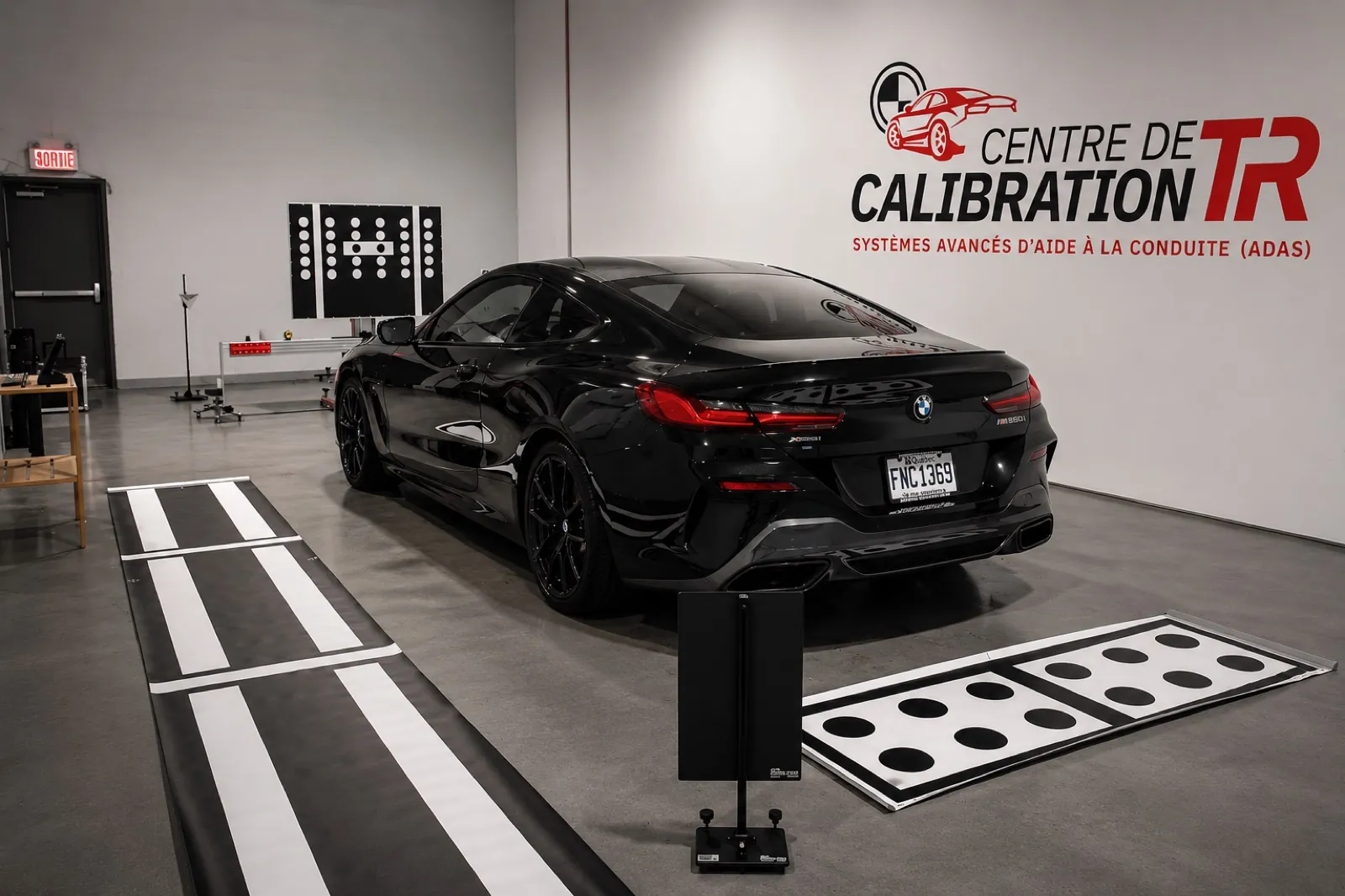 BMW arrière avec cible de calibration radar ADAS
