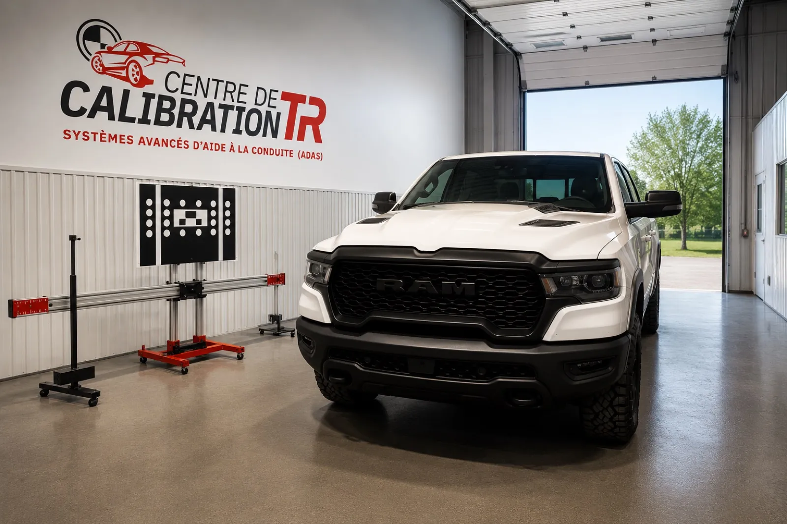 Camion RAM en atelier avec cible ADAS pour calibration