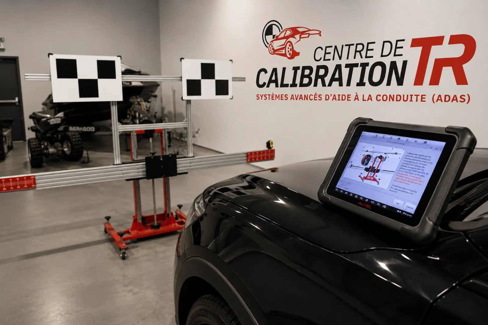 Tablette de diagnostic ADAS et cibles de calibration dans l’atelier
